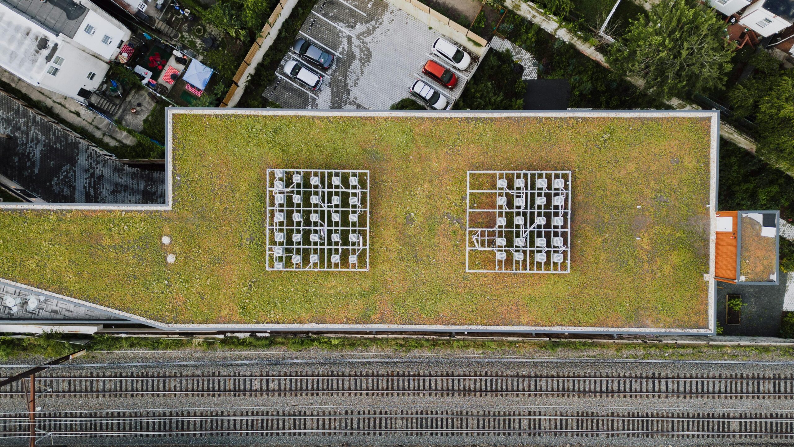 Aerial shot of a green rooftop in Philadelphia, showcasing sustainable urban design.