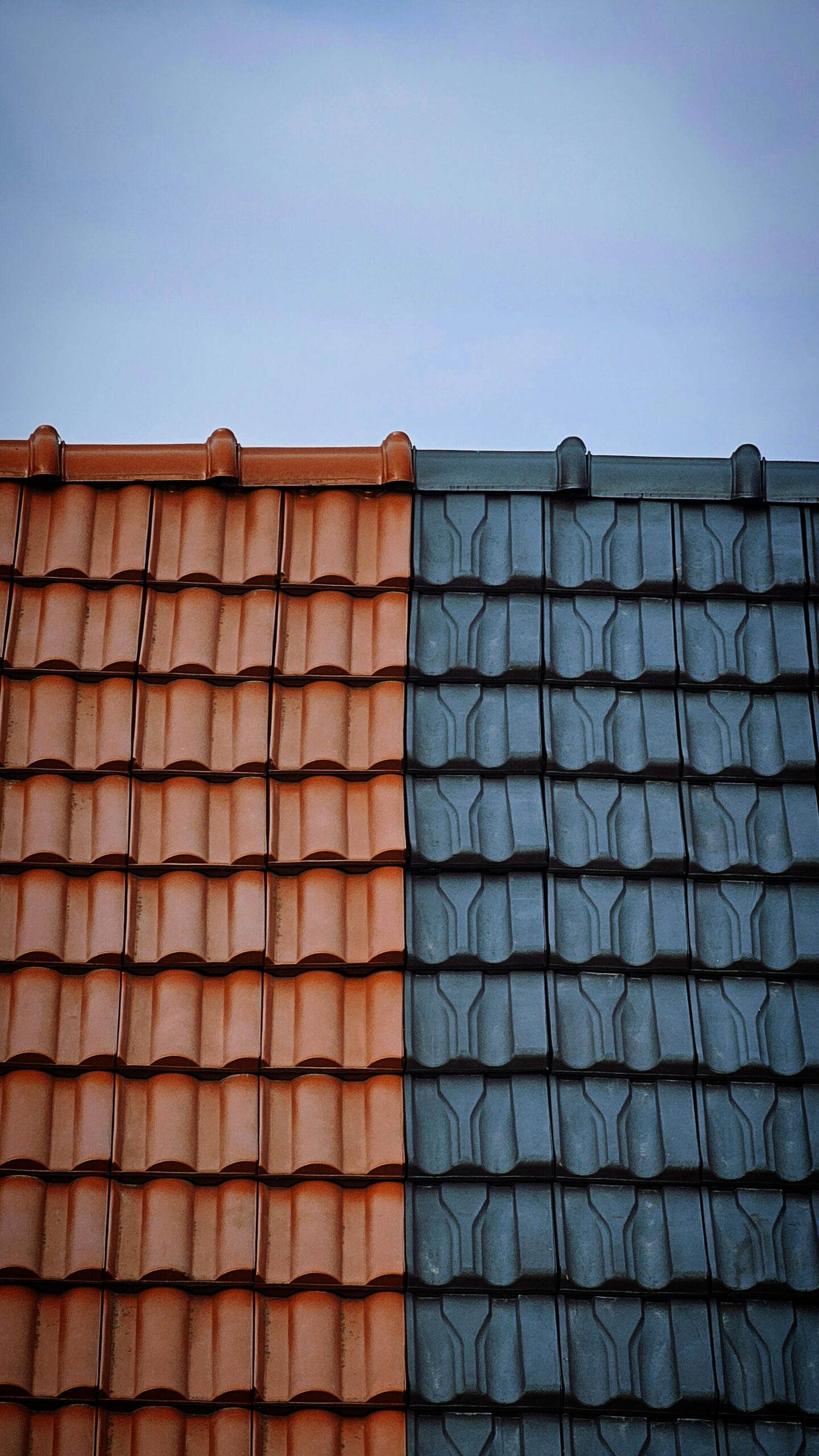 Detailed view of contrasting red and blue tiled rooftops under a clear sky.