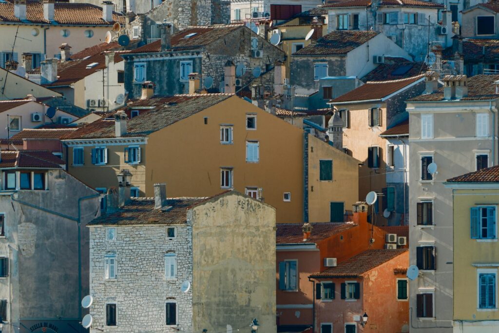A view of colorful historic buildings in Rovinj showcasing the charm of Croatian architecture.